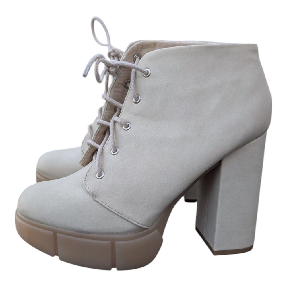 Y-NOT ? Boots Womens 6.5M High Heels Ankle Booties Ivory Faux Leather Lace Up - Picture 6 of 11